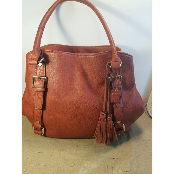 Clark's Women's Large Burnt Orange 3 Compartment Vegan Leather Handbag Tassels - Picture 2 of 12